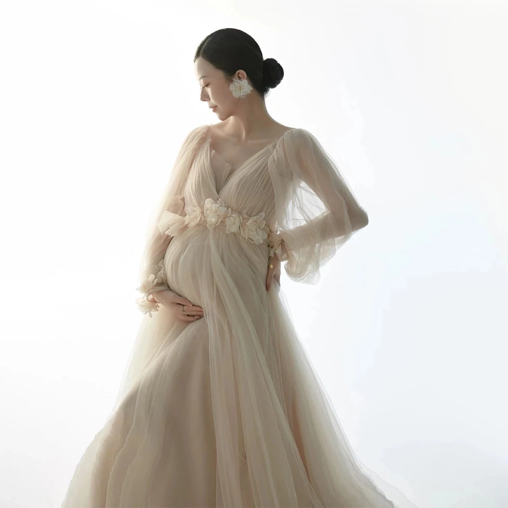 Mesh Maternity Dresses For Photo Shoot Long Sleeve Tulle Floral Maxi Gowns Pregnant Women Photography Pregnancy Shooting Dress