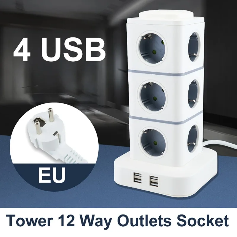 Tower 12 Way Outlets Socket Multi Power Strip with Independent LED Control Switches & 4 USB Ports Overload Protector Switch