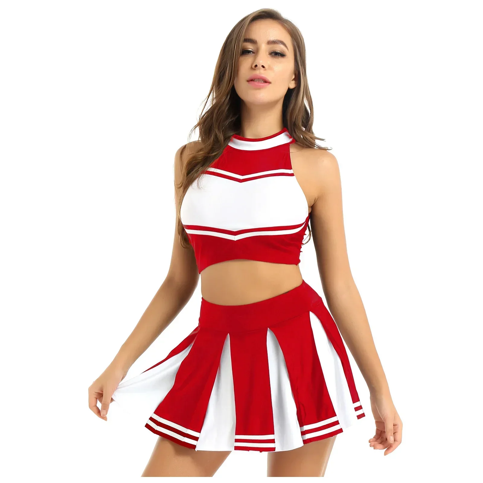 Cosplay Carnival Costume 2Pcs Womens Adults Cheerleading Uniform Outfit Crop Top with Mini Skirt Halloween Fancy Dress Up Party