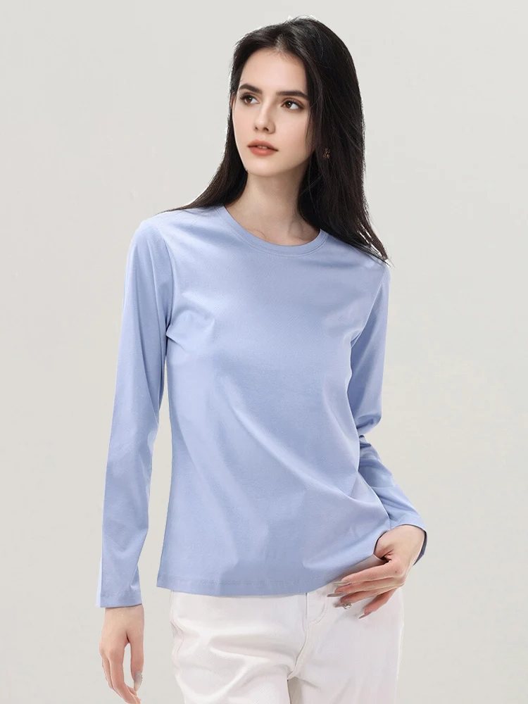 SuyaDream Women Solid T Shirts Silk Cotton Blend Plain O Neck Long Sleeved Tee 2025 Spring Autumn Basic Top White Black