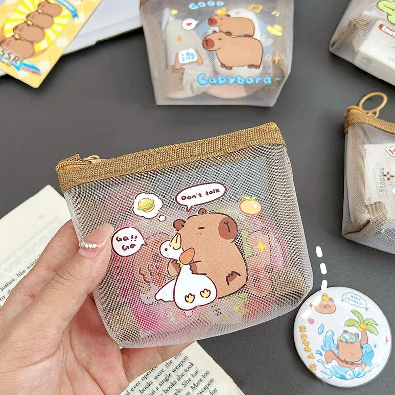 Capybara-Interrupteur sac de rangement pour pièces de monnaie, porte-monnaie en maille transparente, joli portefeuille de dessin animé, sacs portables étanches à fermeture éclair, cadeaux