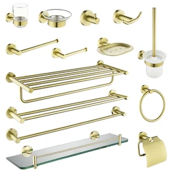 Brushed Gold Bathroom Accessories Towel Rack Toilet Brush Roll Paper Holder Towel Bar Hook Soap Dish Bathrom Hardware Wall Shelf