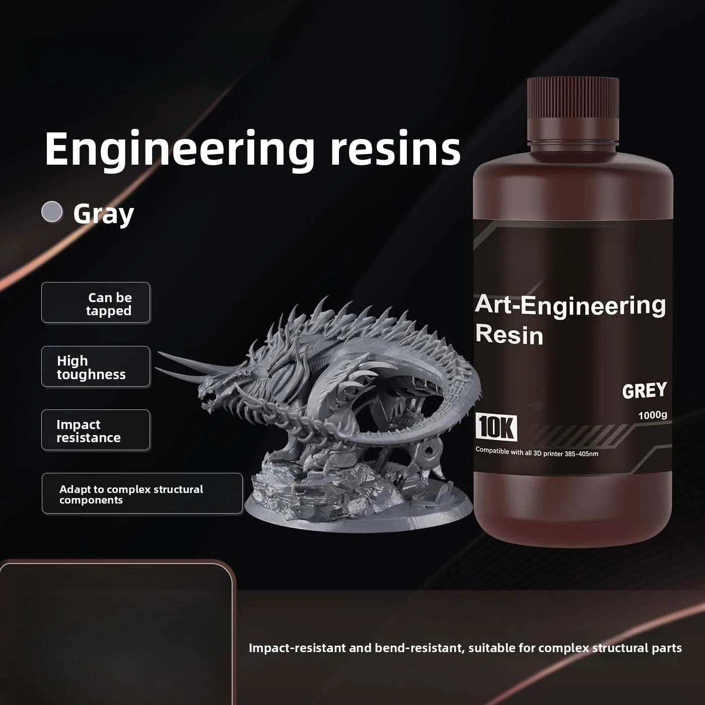1KG Engineering-Like Photopolymer Resin, High Strength & Toughness Wear Resistant Drillable Material for LCD DLP 3D Printers