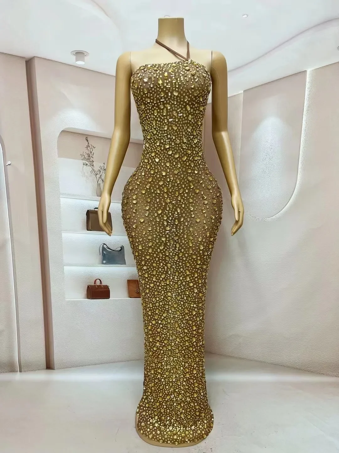 Frauen Geburtstag Party Durchführen Foto-shooting Kostüm Sexy Bühne Luxus Abend Blingnling Silber Strass Bandage Rückenfreies Kleid