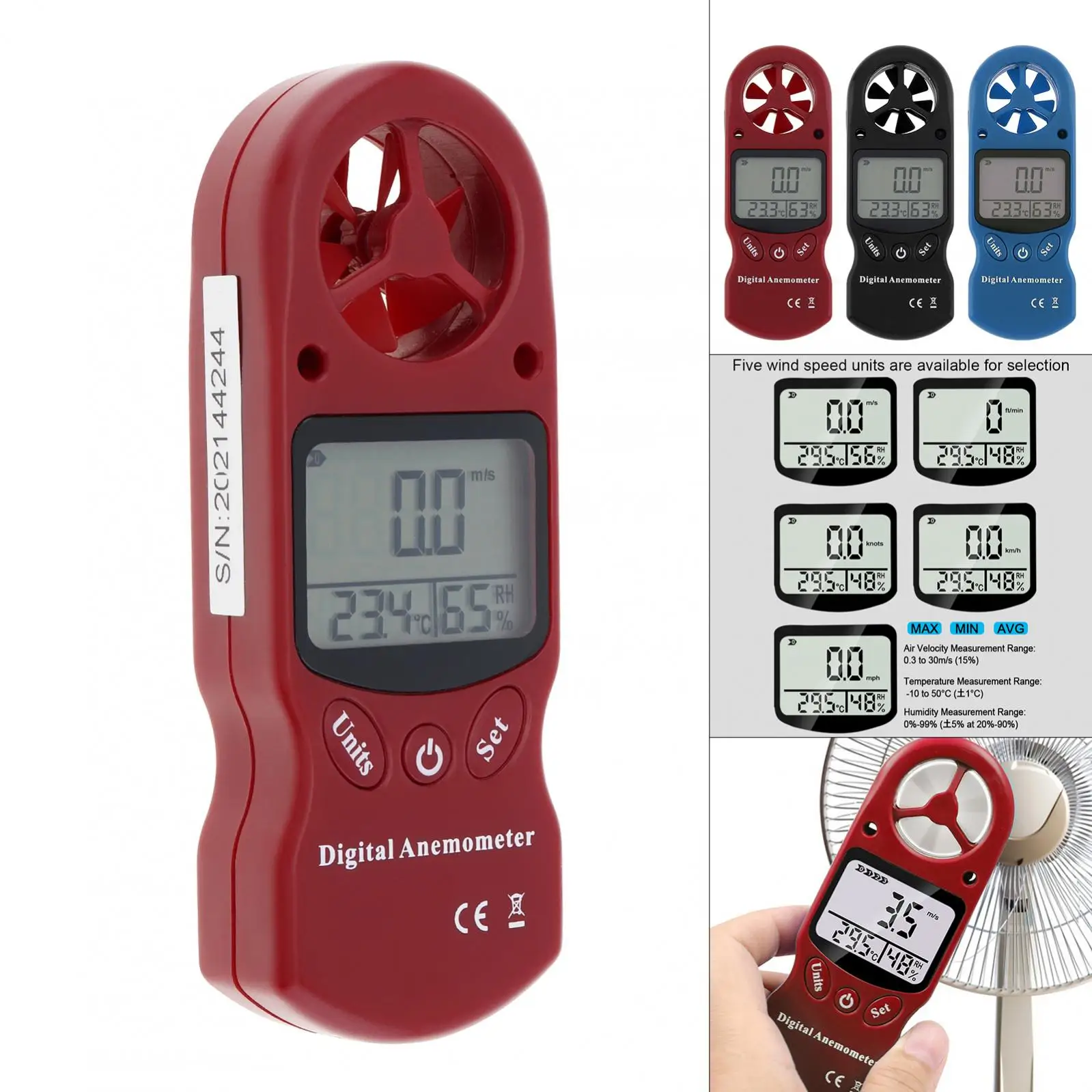 3 In 1 Digital Anemometer Handheld Wind Speed Meter Temperature and Humidity for Measuring Wind Speed with Backlight LCD Screen