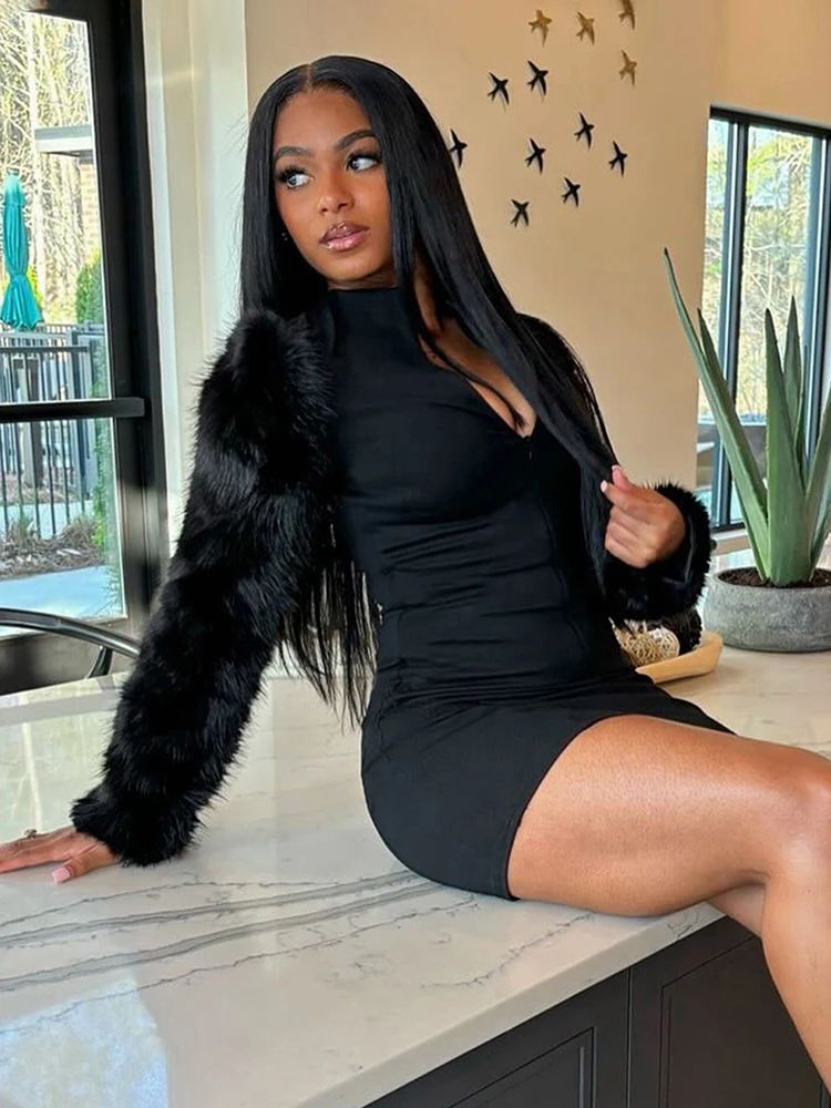 Leosoxs الفاخرة البريدي فستان المرأة الخريف الاتجاه تمتد نحيل المرقعة الفراء كم كامل بسيط حفلة عيد ميلاد الخوخ الورك Bodycon