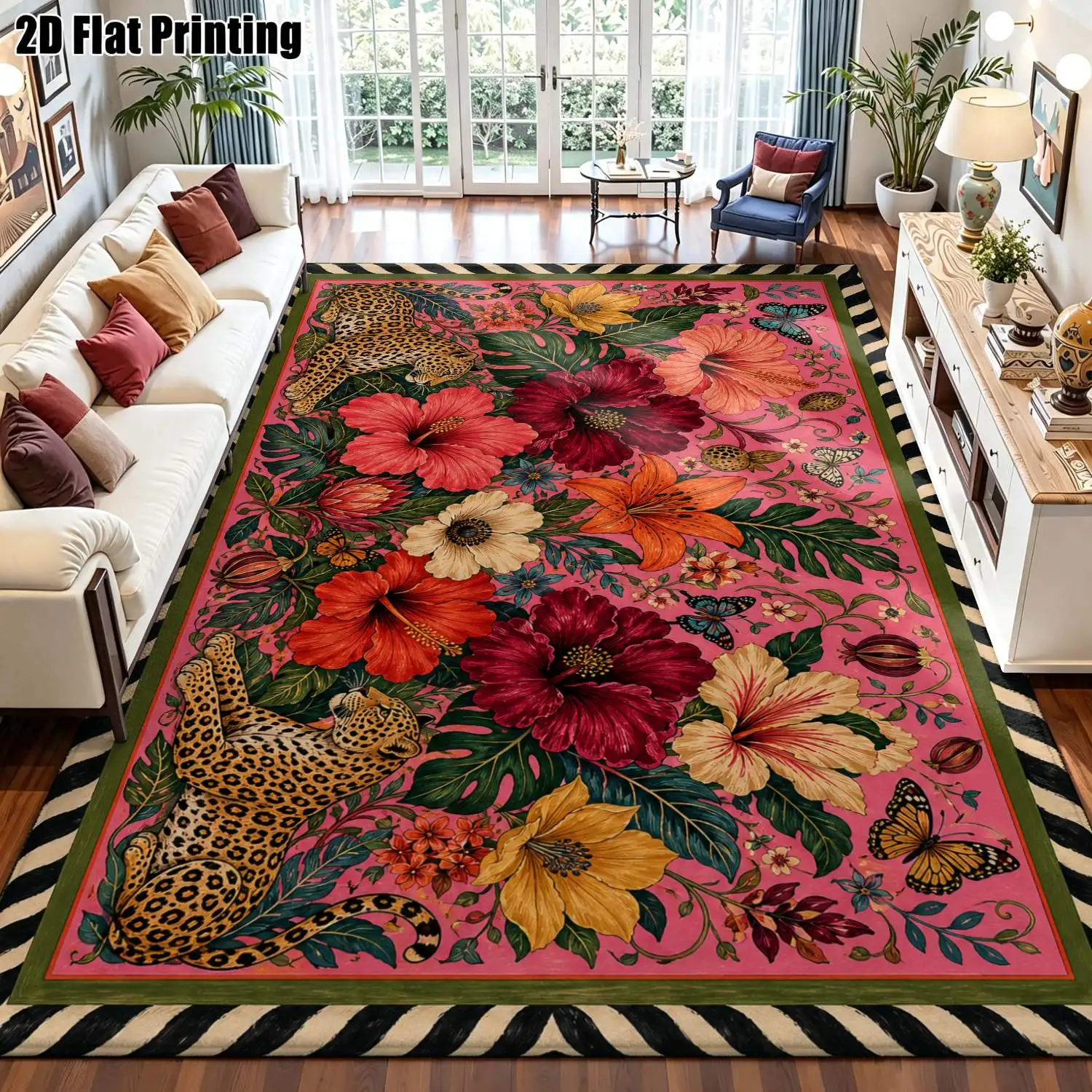 1Pc 2D Printed Carpet: Pink Leopard Flower Pattern, European/Bohemian/Vintage/Geometric Striped Styles Machine Washable, Multi-Size, Ideal for Home Decor, Door Mats, Dining, Bedroom, Living Room.