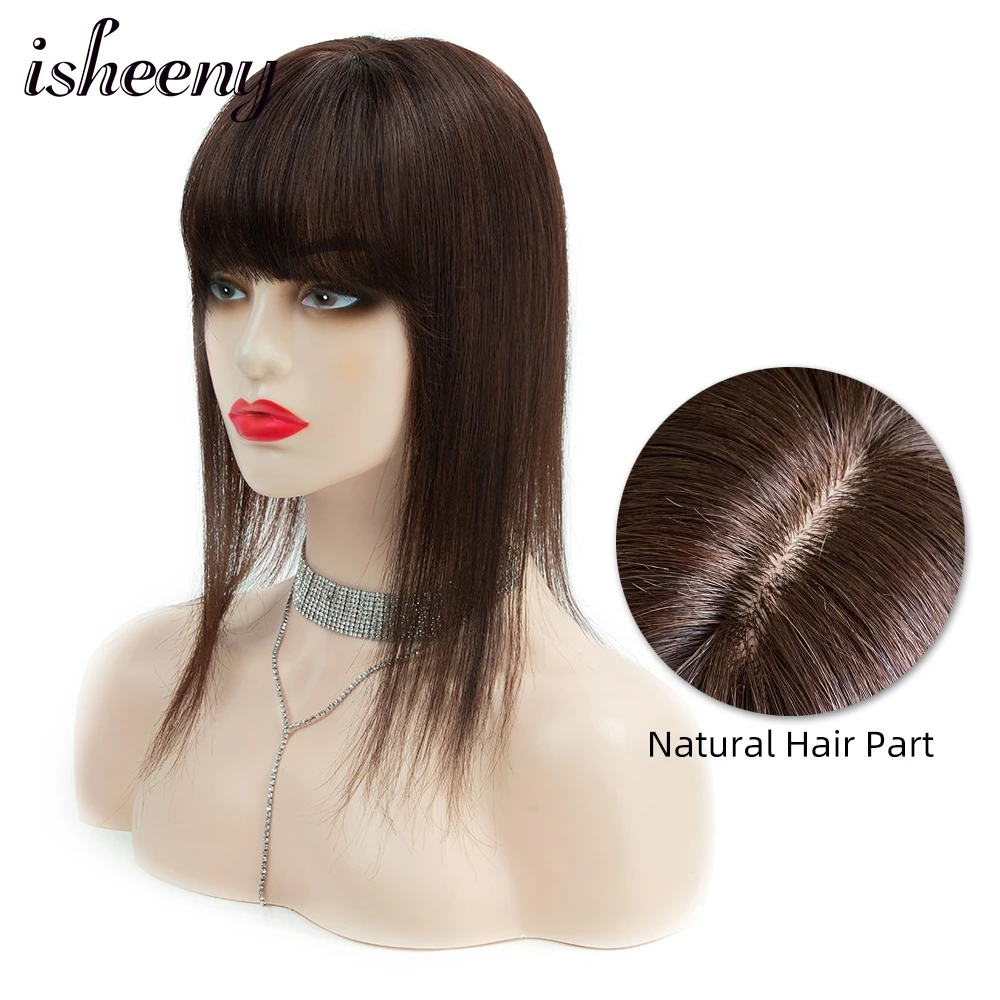 Isheeny 25-35cm Natural Human Hair Piece Brown Women Topper With Bangs 13x13cm Middle Part Clip Ins Machine Weft Hair Extensions