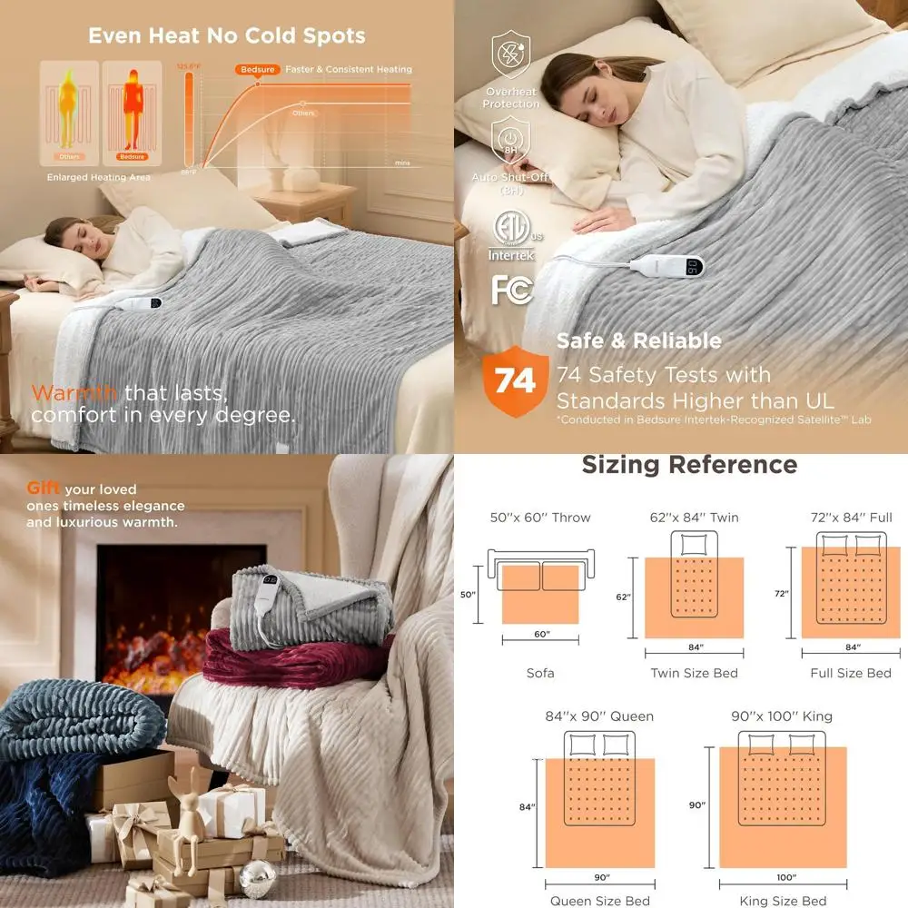 

Full Size Ribbed Flannel Electric Blanket - 6 Heat Levels, 10 Timer Options, 8-Hour Auto Shut-Off (72x84 inches, Light Grey)