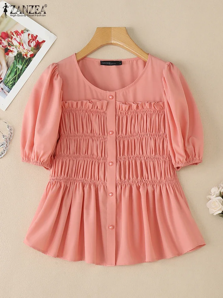 ZANZEA Women Shirts Pleated Summer Tops Vintage Short Sleeve Chiffon Blusas Solid Color Tunics 2025 Casual O Neck Pullover S-3XL