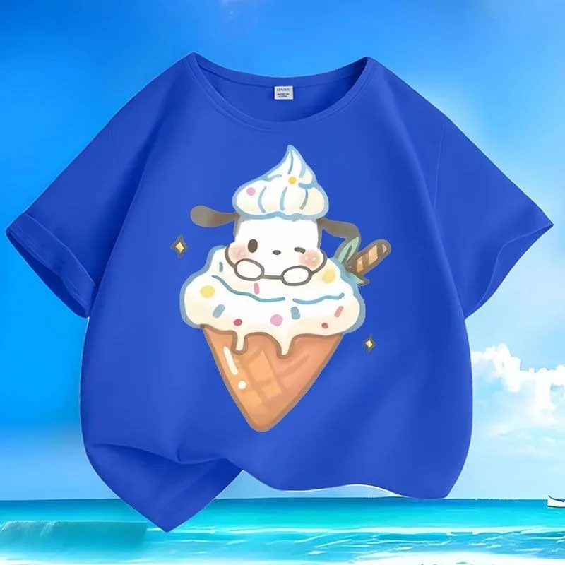 

Детская футболка, новая летняя хлопковая футболка Sanrio Pacha Dog с мультяшным принтом, мужская и женская, милая, стильная, свободная футболка для родителей и детей
