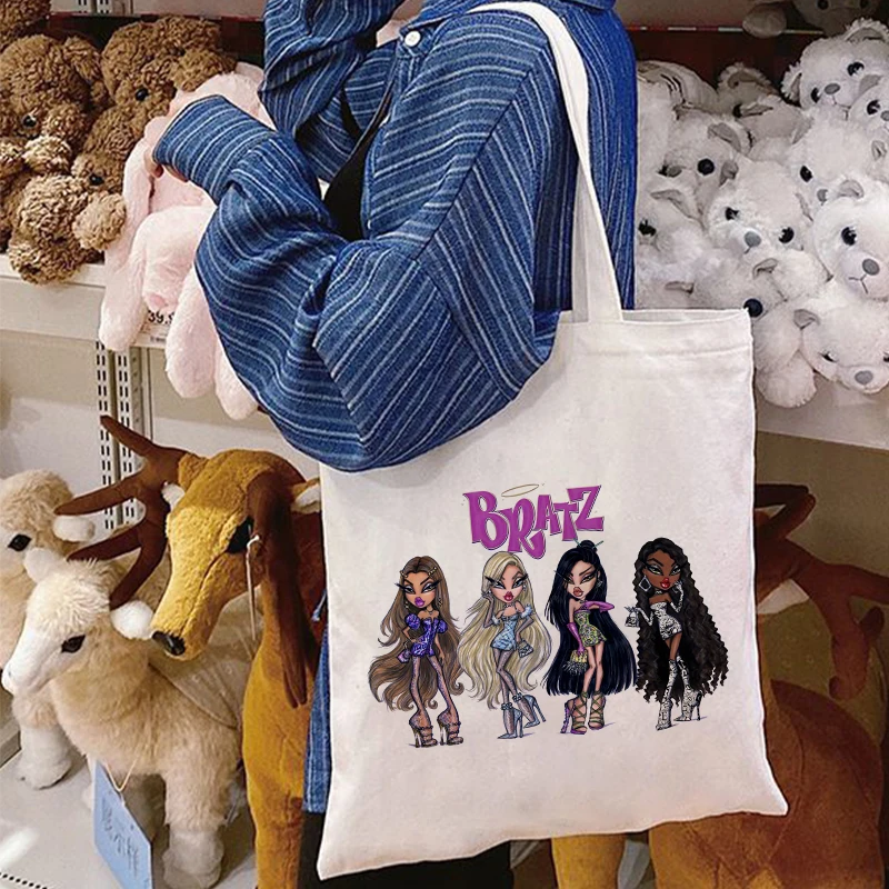 Bratz-Bolso de compras de lona con estampado de letras para mujer, bolsa de hombro de algodón, ecológico, reutilizable, para compras