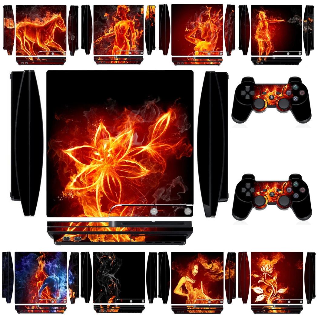 Fire Vinyl Skin Sticker Protector for Sony PS3 Slim PlayStation 3 Slim and 2 controller skins Stickers