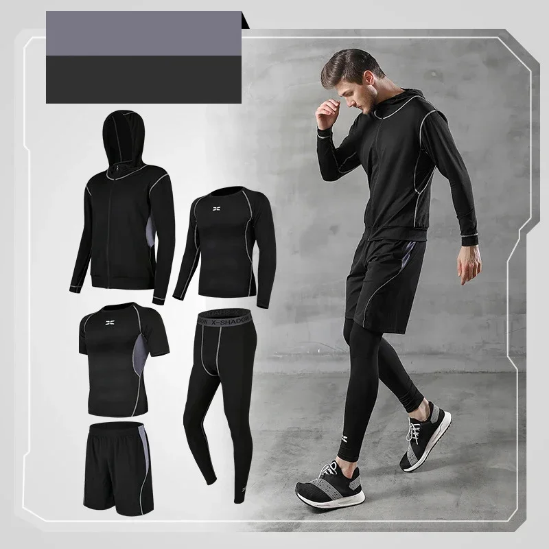 

5Pcs Men's Sportswear Suit Black Tight Sports Yoga Sets Workout Training Jogging Basketball Fitness Clothing Tracksuit Clothes