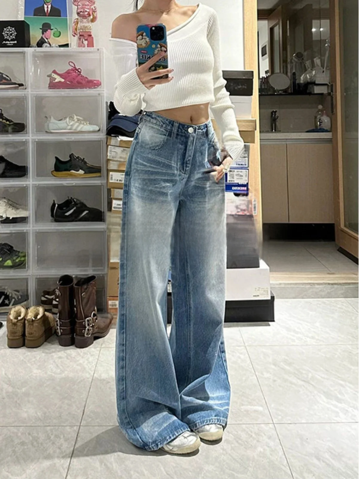 

High Waist Wide Leg Jeans Women's Loose Fit Straight Waed Denim Pants Slimming Long Trousers American Sle Faded Jeans