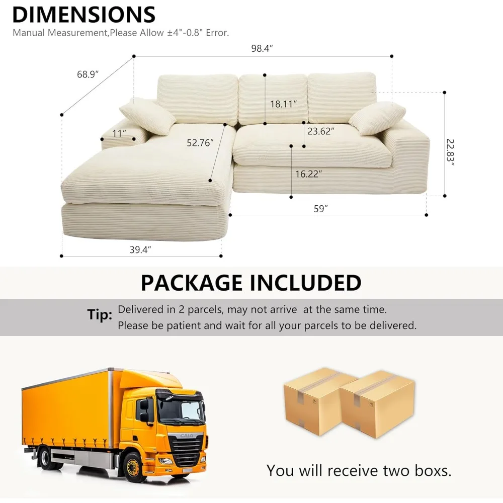 أريكة مقطعية سحابية مقاس 98.4 بوصة مع كرسي، أريكة منجدة حديثة على شكل حرف L مع مقعد عميق، أريكة ضغط لغرفة المعيشة