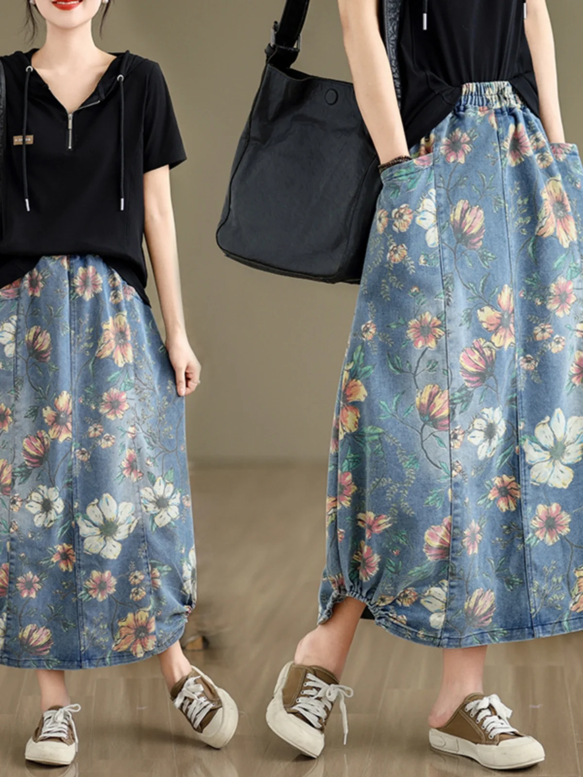 

Loose Casual Floral Print Splicing Women's Denim Skirt High Waist A-Line Midi Skirt Spring Summer New Sle Retro Artistic