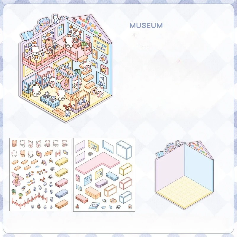 DIY Decor Micro Sweet Cartoon Scene Sticker Cute Creative Design Zoo Landscape Sticker 3D Stacking Sticker Student Supplies