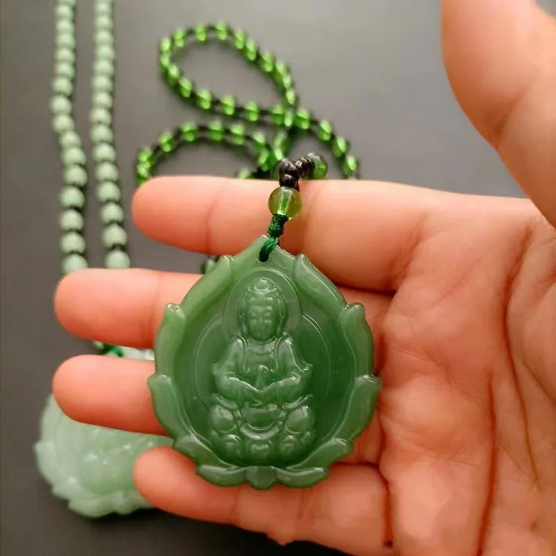 Green Guanyin Pendant Necklace Chinese Style Buddhist Ornament Maitreya Buddha Amulet Women Men Sweater Pendants Hinduism