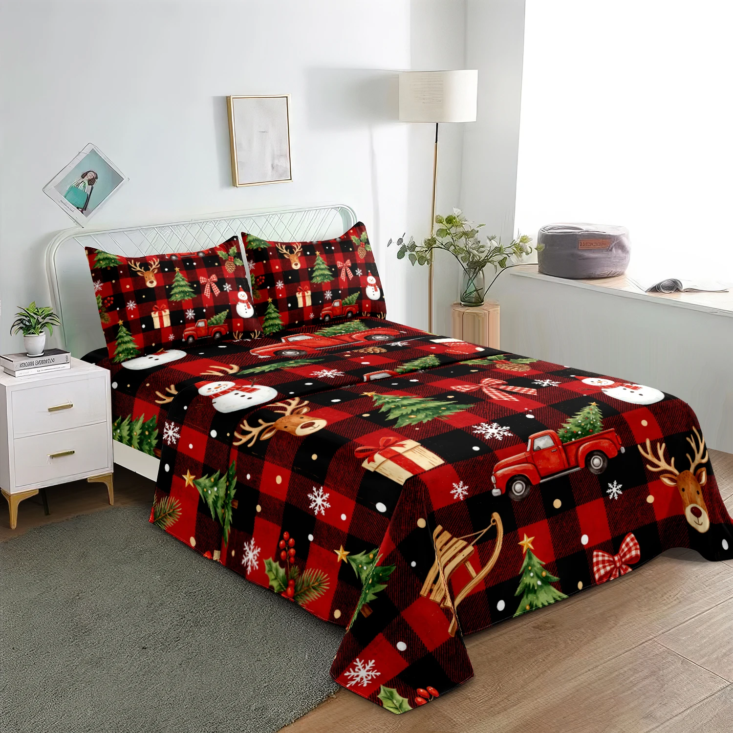 4pcs Farmhouse Christmas Bedding Set, Buffalo Check Plaid Xmas Truck Deer Snowflake Pattern Flat Sheet Fitted Sheet