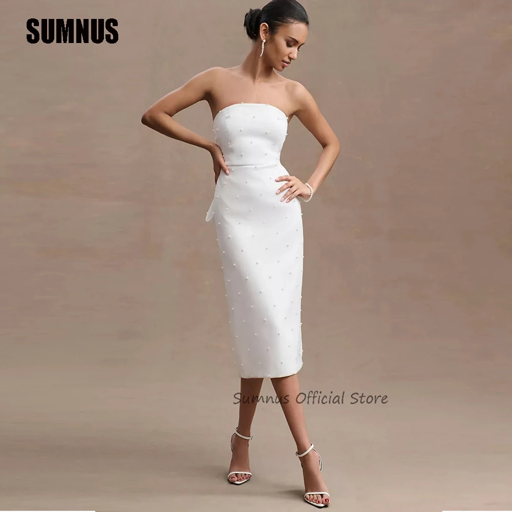 SUMNUS Simple Elegant Strapless Midi Wedding Mermaid Evening Dresses Pearls Formal Prom Gowns Bow Split Sleeveless Party Dress