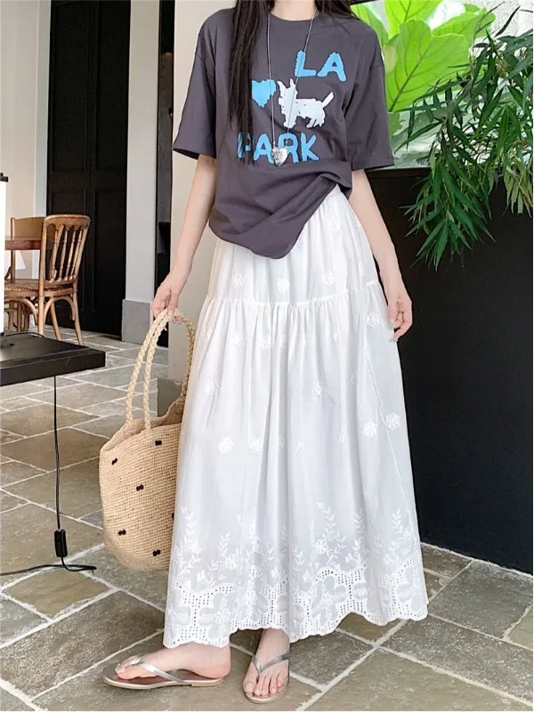

Heavy Embroidery Hollow out plus Size Skirt High Waist Loose Slimming Midi Knee-Length Korean Style A-Line Half-length Skirt