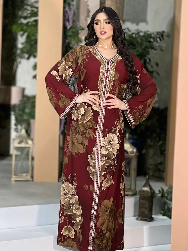 Floral Printed Abaya Long Dress Women Diamonds Arabic Party Muslim Loose Robe Saudi Gulf Jalabiya Moroccan Kaftan Maroon