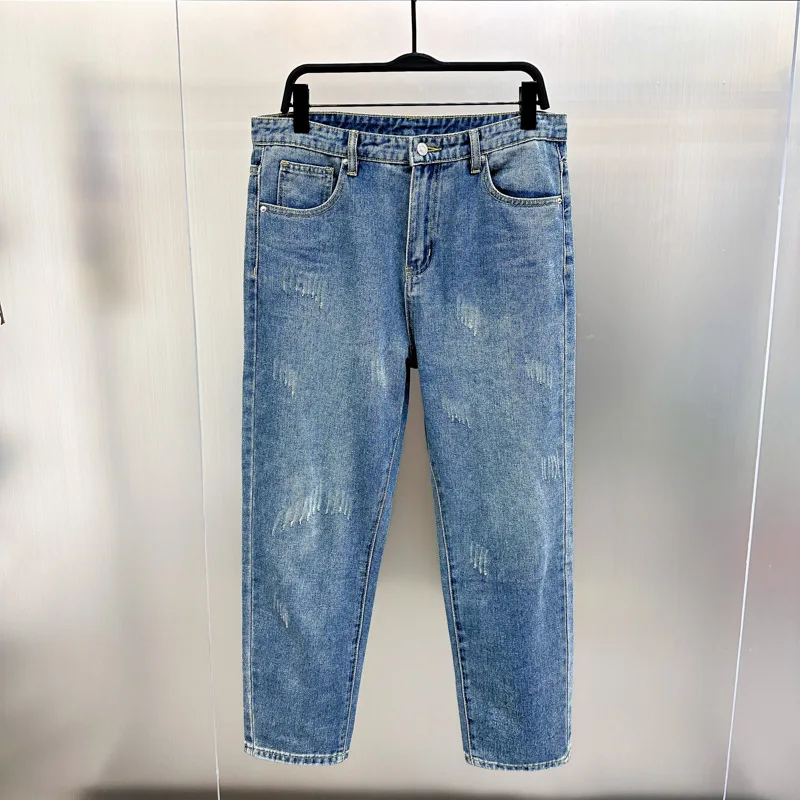 

Модные мужские летние джинсы прямого кроя слим-фит, синие, из денима, повседневные, легкие, с эффектом потертости (whisker)