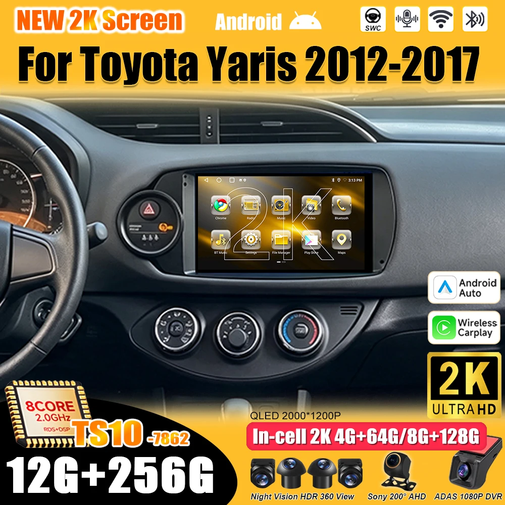 Android 16 For Toyota Yaris 2012-2017 Car Radio Stereo Head Unit Multimedia Video Player GPS Navigation 2K QLED 9 Inch 5G 8 Core