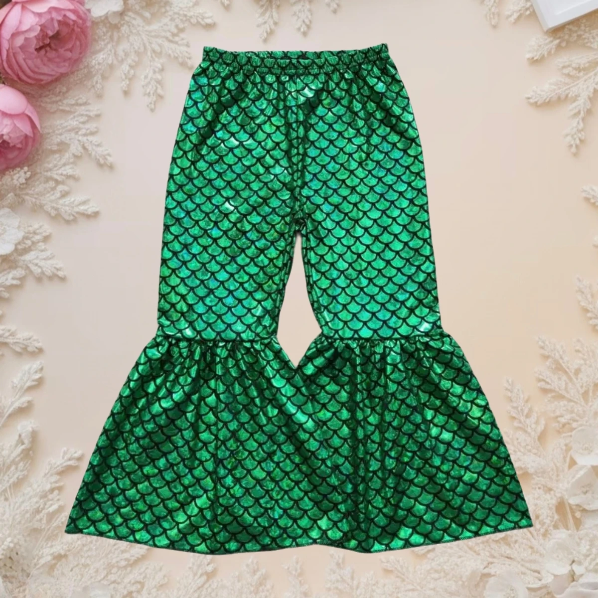 

Wholesale Kids Bell Bottom Pants Baby Girls Green Mermaid Holographic Spandex Trousers Children Toddler Infant Soft Clothing