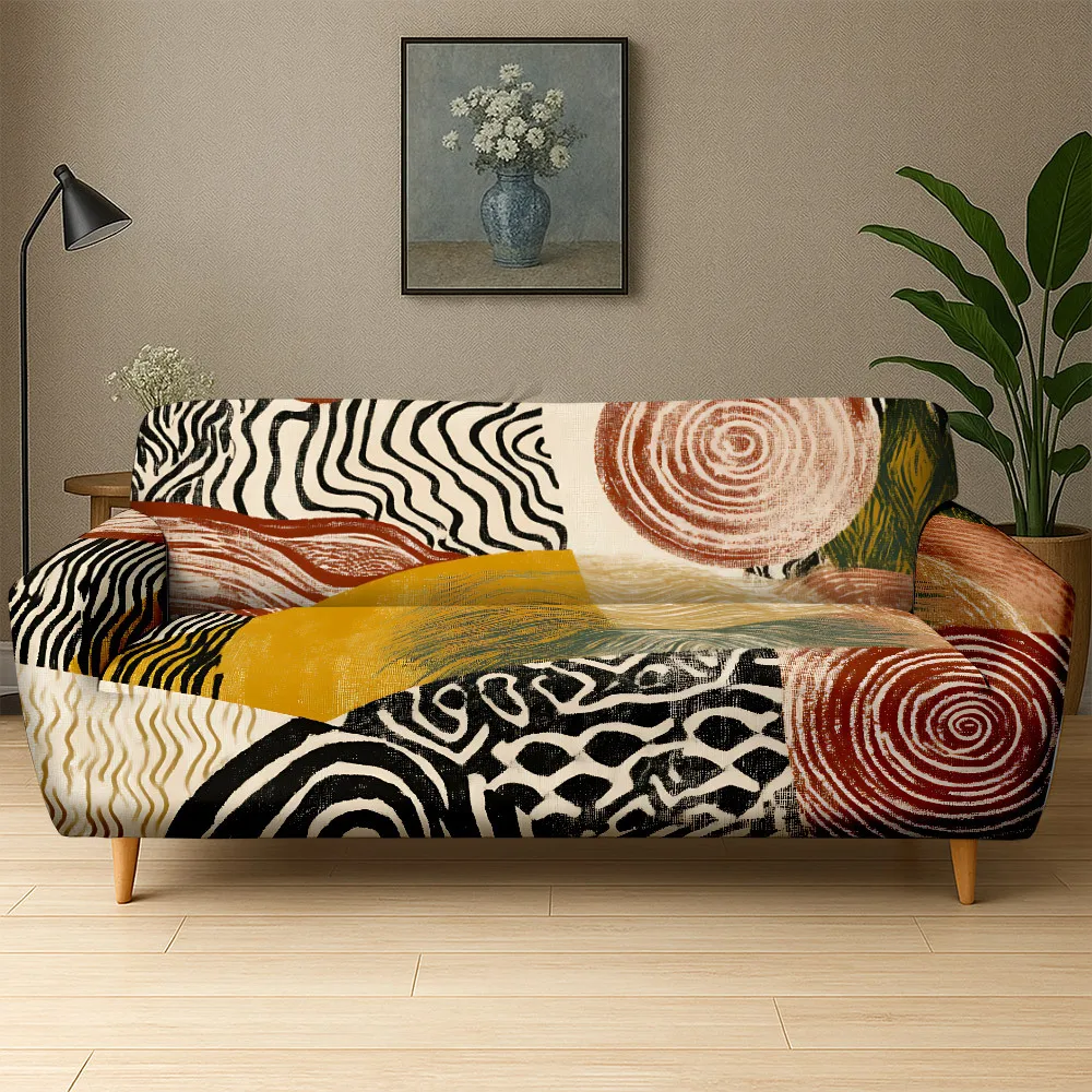 1pc Boho Abstract Geometric Print Stretch Sofa Cover, Mid Century Modern Tribal Couch Slipcover for Home Decor