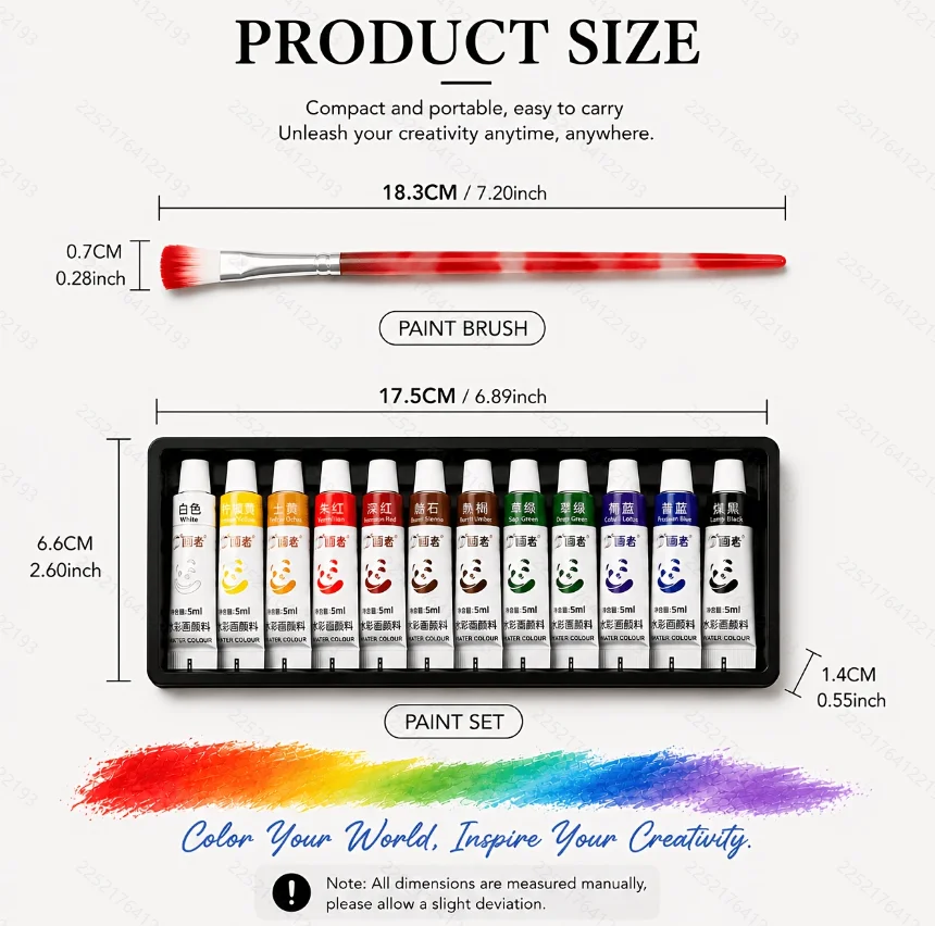 12 Colors Tube Watercolor Kit with 10 Multi-Size Nylon Brushes, Light Plastic Handle,  Easy Blend Drawing Supplies for Beginners