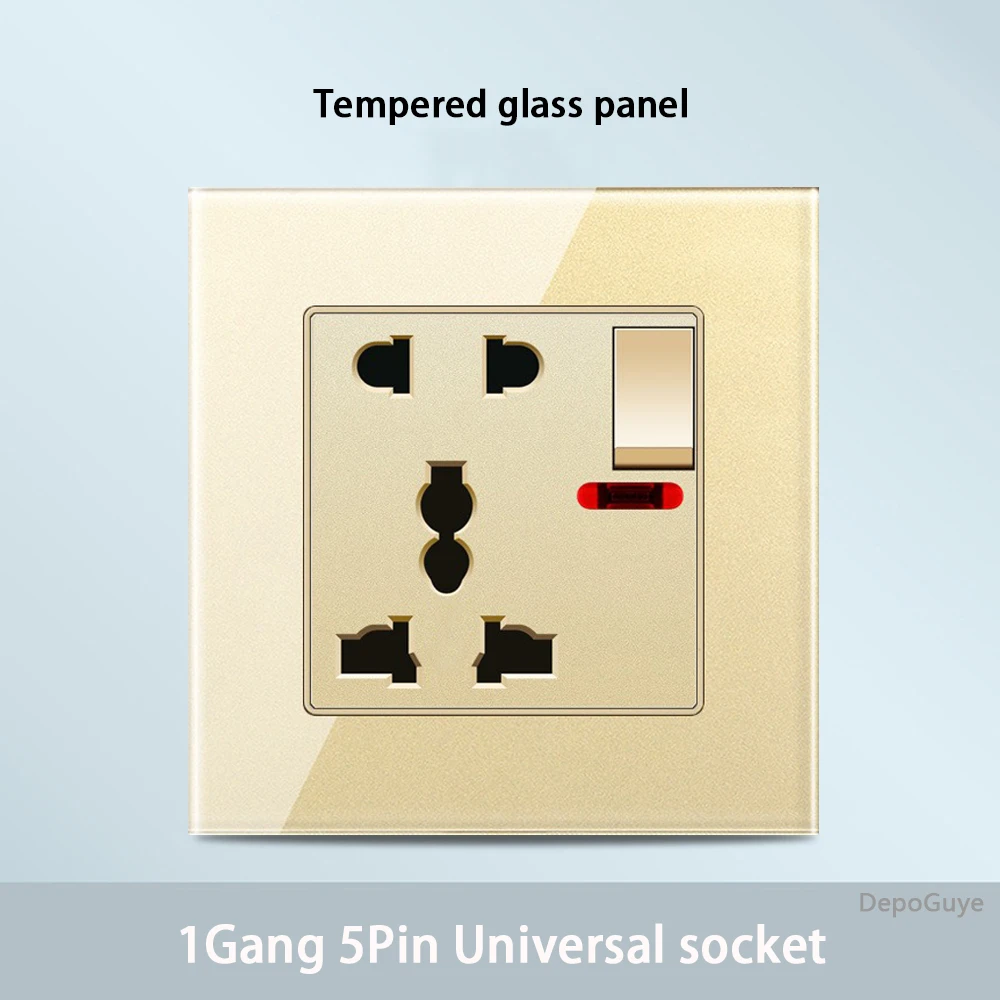 Gold Universal Tempered Glass Wall Socket,UK 13A power outlet with USB Type C 18W Quick Charge,Home Light Electric Switch Panel image 3
