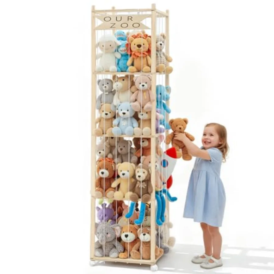 

Органайзер для мягких игрушек, 68,5 дюймов, большой деревянный стеллаж-зоопарк для мягких игрушек на колесиках, органайзер для хранения игрушек для детской комнаты