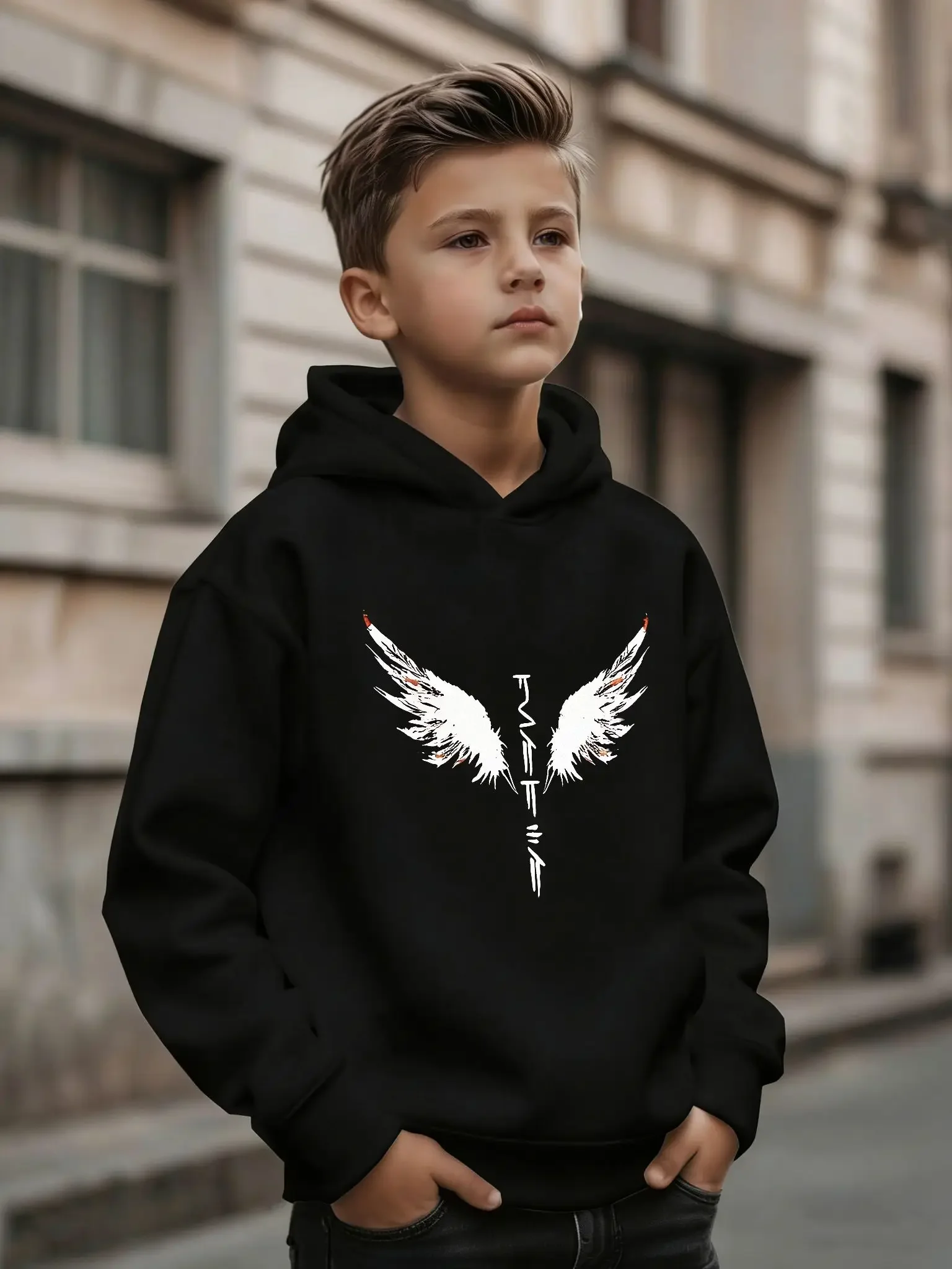Kids Hoodie Autumn Winter Thick Fleece Angel Wing Sword Graphic Print Warm Casual Streetwear Pullover Sweatshirt