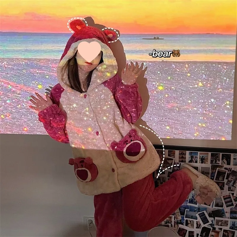 

Disney Lotso Women's Pajamas Set Winter Sweet Cute Cartoon Fashion Pattern Hooded Thicken Warm Coral Fleece Pajamas Homewear