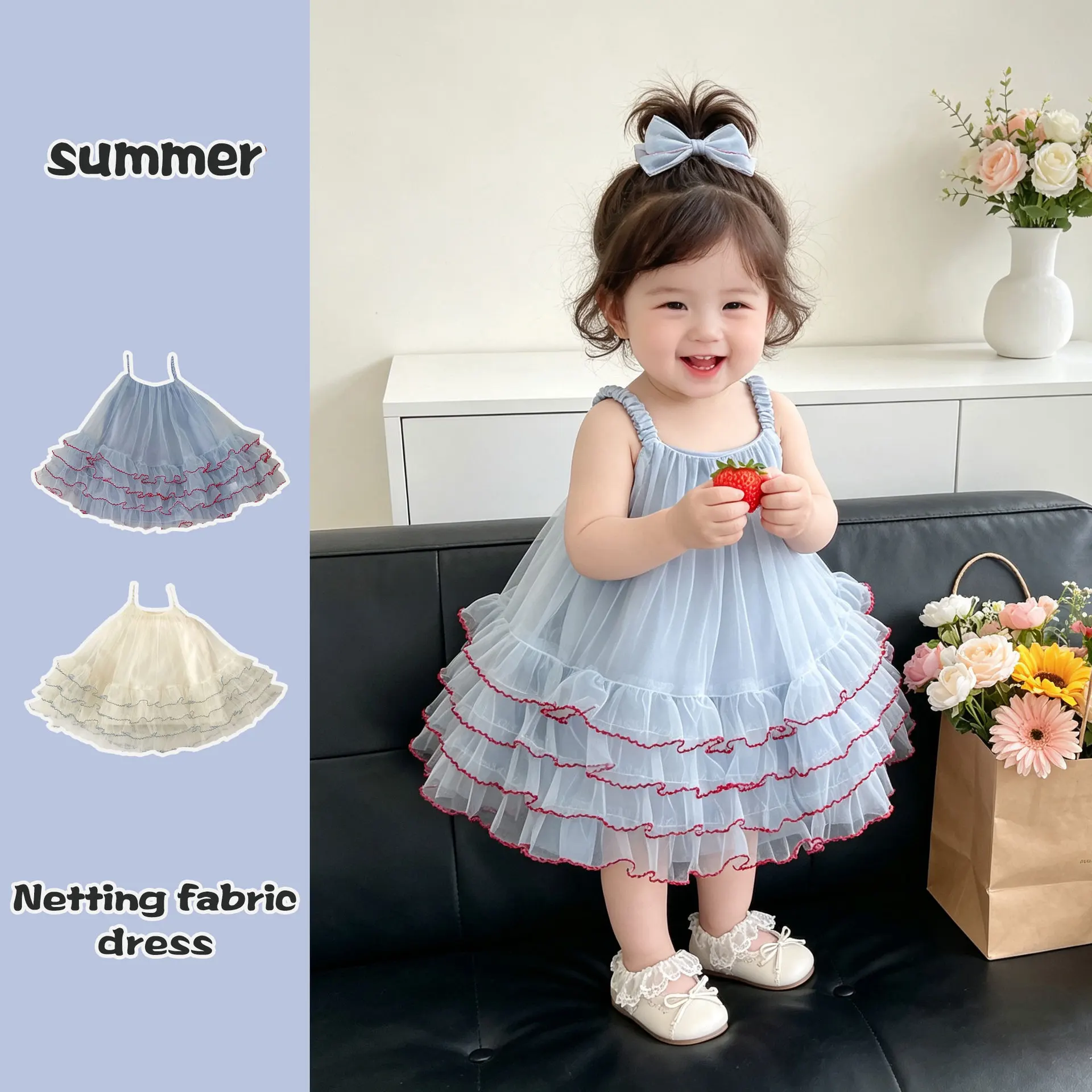 2026 Girls' Summer Fluffy Skirt Fashionable Strappy Netting Dress Baby Girl Party Dress Princess Dress for Birthday Celebration