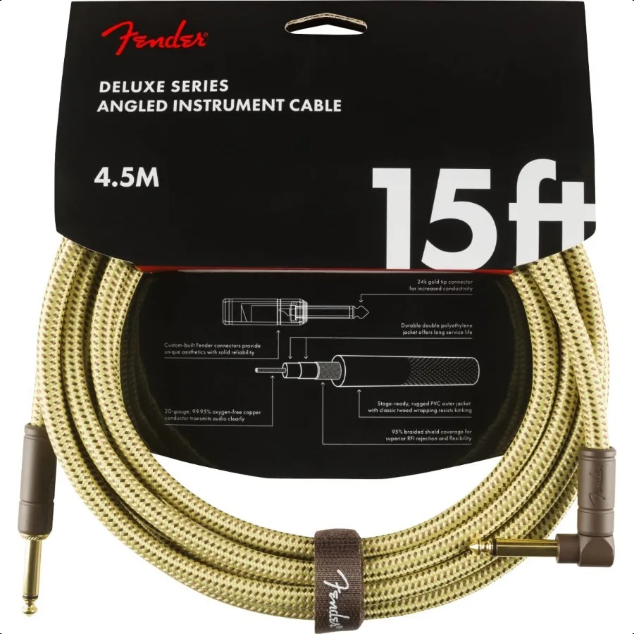 Deluxe Series สายเคเบิลกีตาร์กีตาร์อุปกรณ์เสริมมุมตรง Tweed 15ft