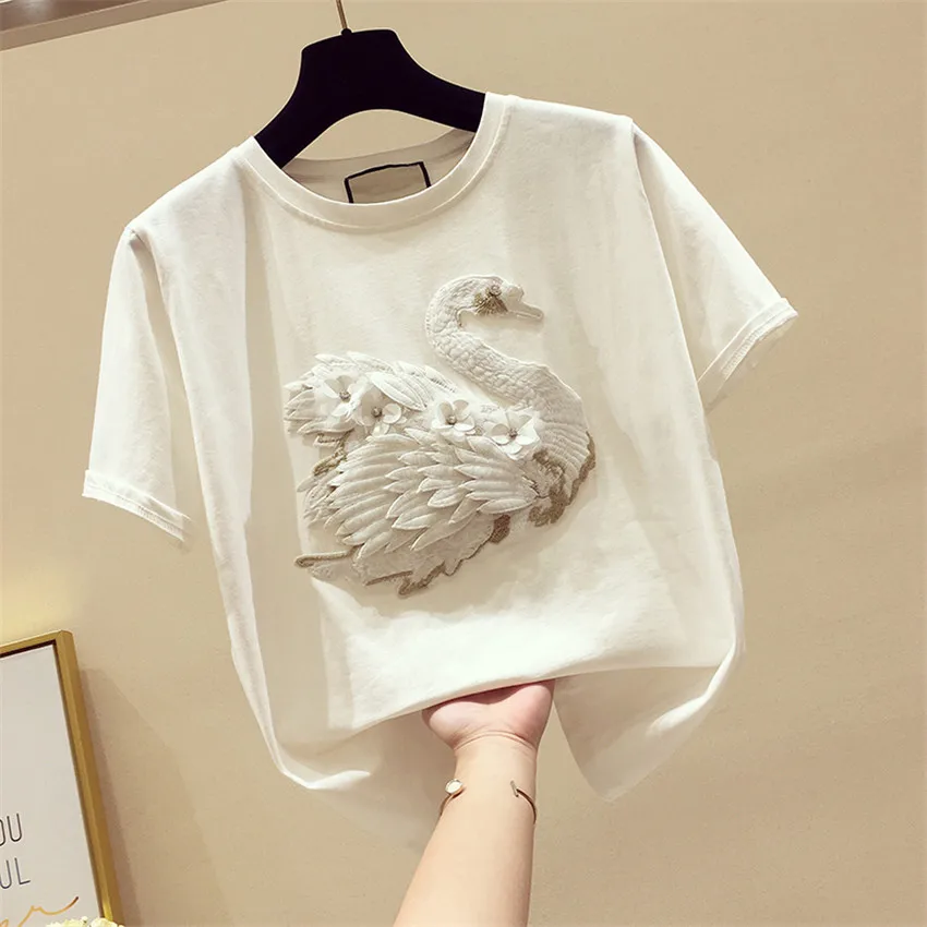 2022 New Summer Women O-neck Short Tees Cute Girl Appliques T-shirt Short Sleeve Tops All-match Student Brief Bottomings WZ1751