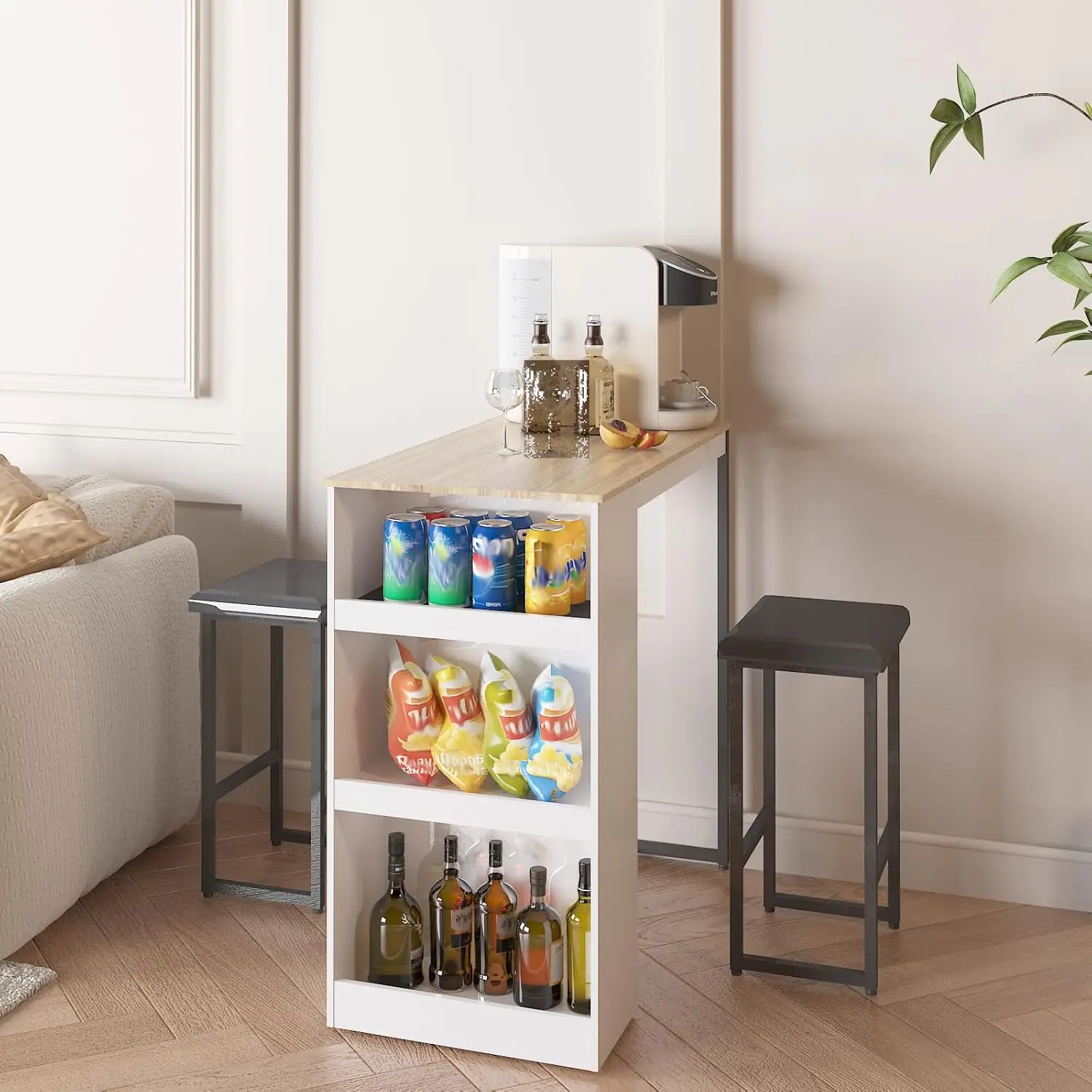 Dining Table Set - Kitchen Bar Table with Storage, Small Dining Desk with 2 Stools, Kitchen Island with Seating Counter Height