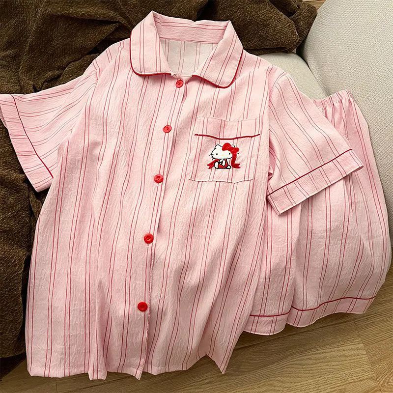 

Anime Hello Kitty Pajamas Set Cotton for Women Student Home Outdoor Wear Polka Dot Summer New Lace Short Sleeve Japanese Style