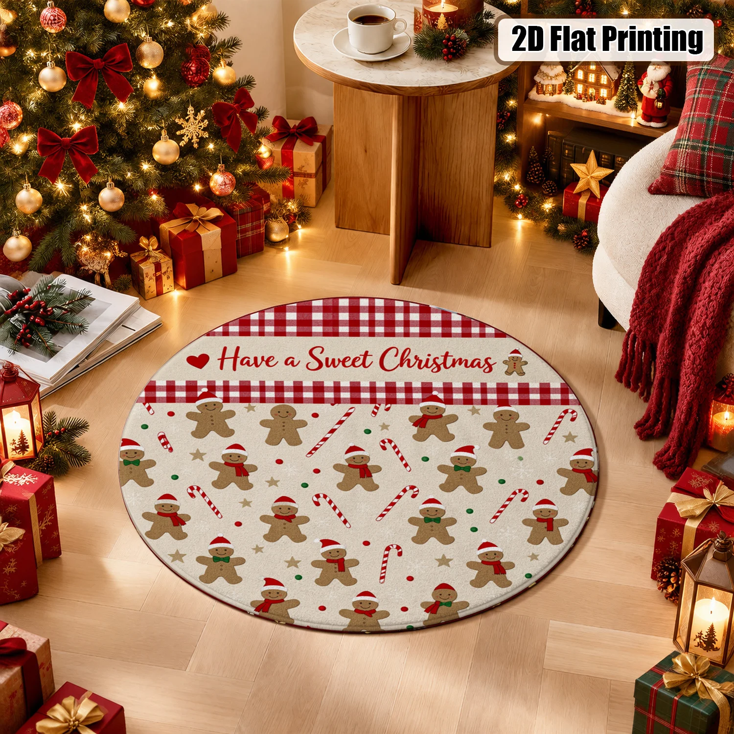 Gingerbread Man Gingham Candy Cane Pattern Round Velvet Placemat Machine Washable For Dining Table Kitchen Counter Coffee Table Holiday Settings Christmas Thanksgiving New Year Black Friday Cyber Monday