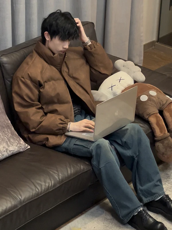 

American Retro ort PU Leather down Jaet Men Winter Thiened Brown Stand Collar Meralud Trendy Cotton Coat