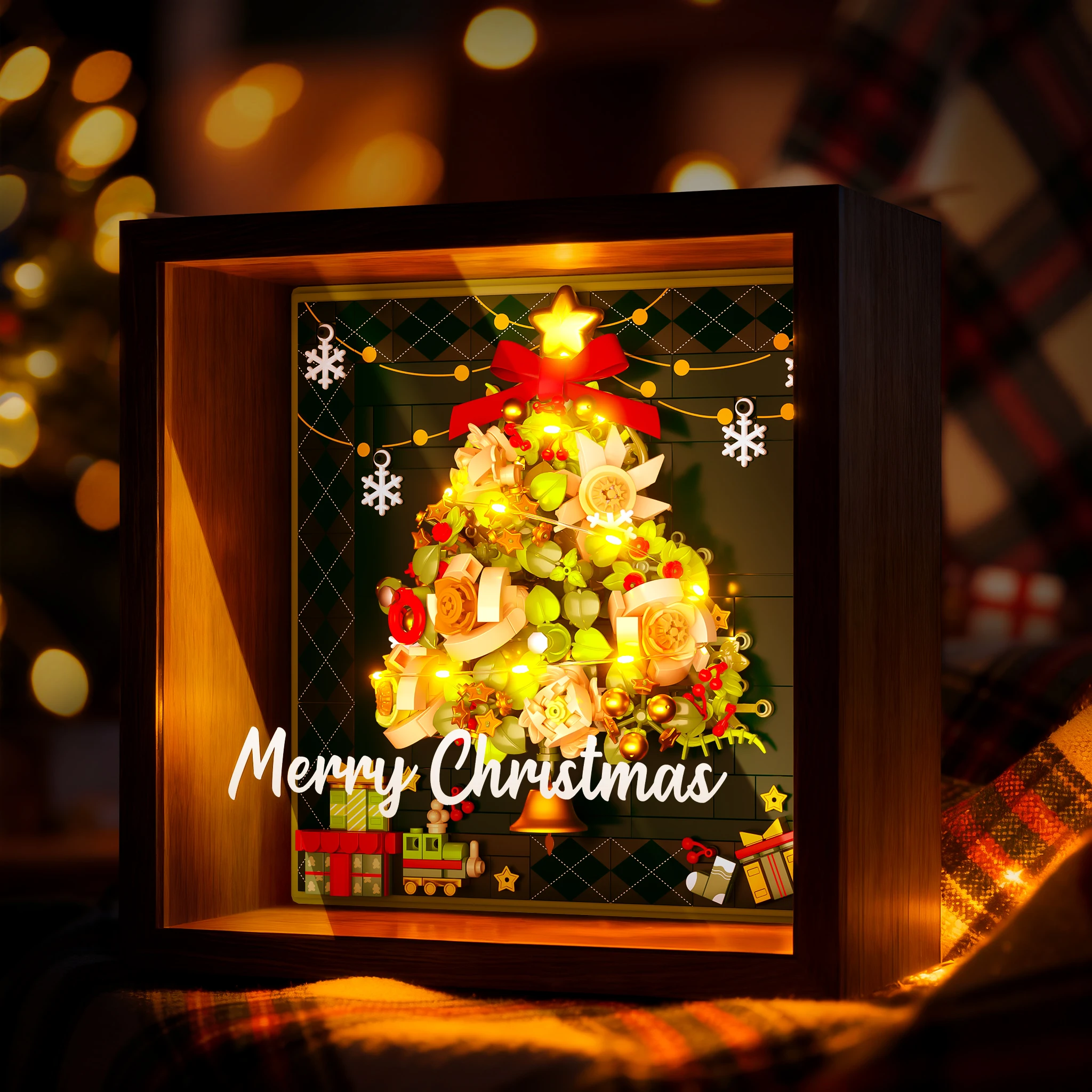 Weihnachts-Bausteine-Set für Schaufenster – Massivholzrahmen, DIY 3D-Baumpuzzle, künstlerische Heimdekoration, einzigartiges Weihnachtsgeschenk