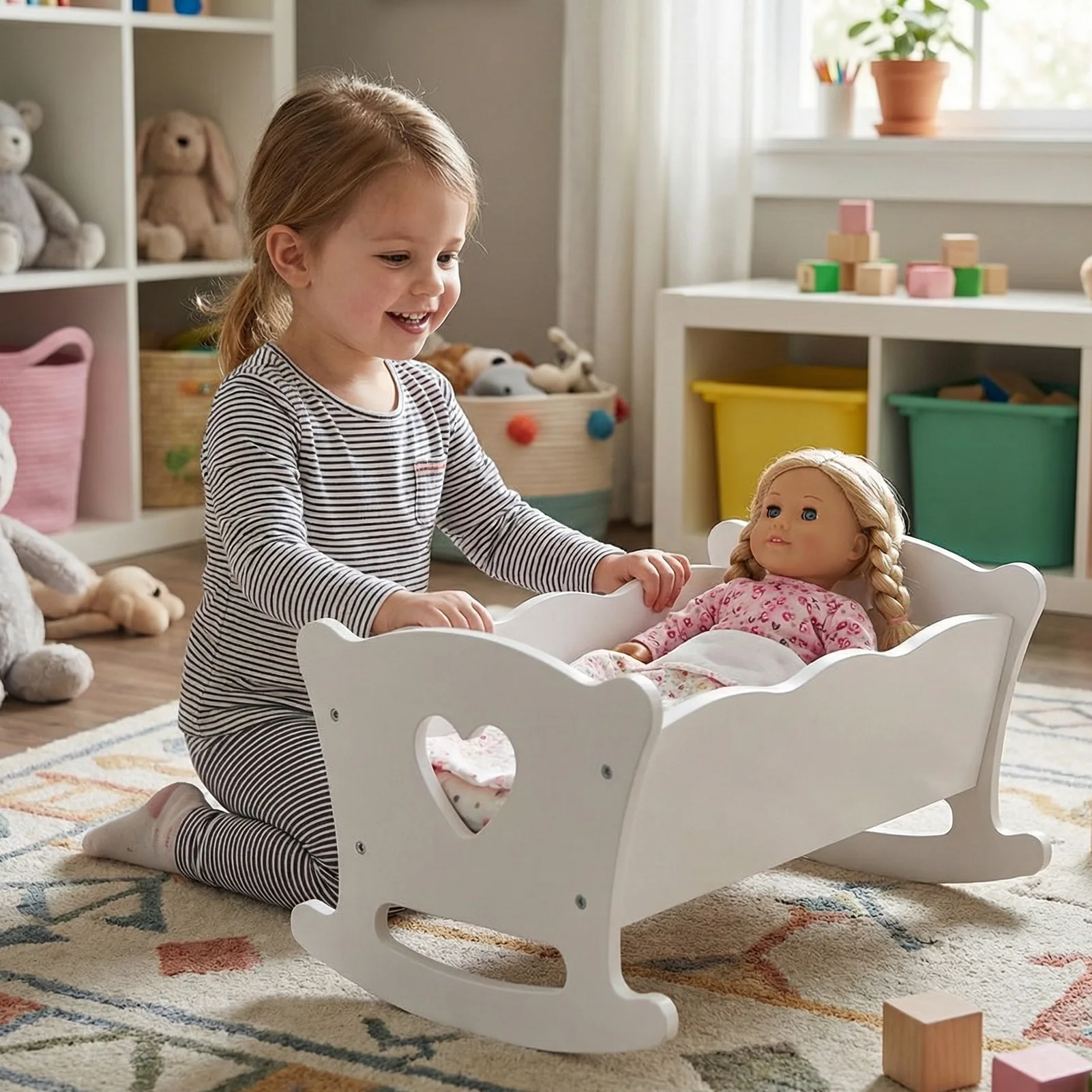 NOVO Brinquedo de Madeira para Bonecas, Berço de Boneca de Madeira com Conjunto de Roupa de Cama Rosa para Bonecas de até 20 Polegadas