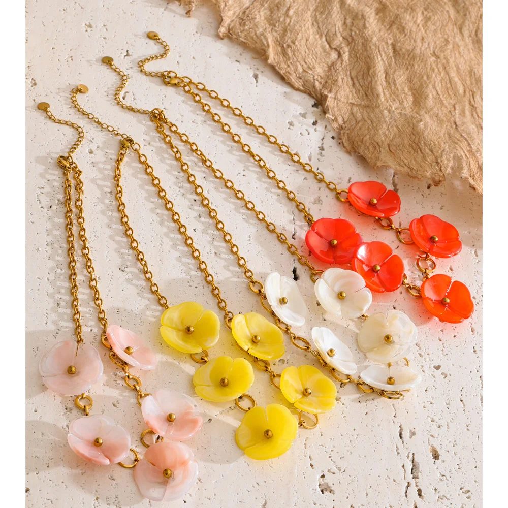 Yhpup Spring Summer Stainless Steel Flower Resin Chain Necklace for Women Popular Sweet Personality Jewelry