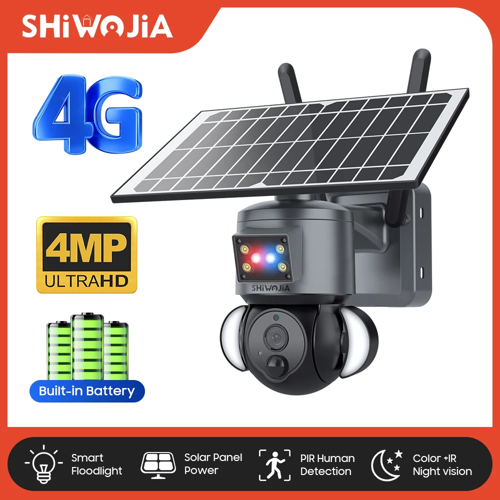 

SHIWOJIA Solar Camera Wifi/4G Sim Card PTZ 4MP HD AI Human Detect Color Night Vision Built-in Battery Security Camera With alar