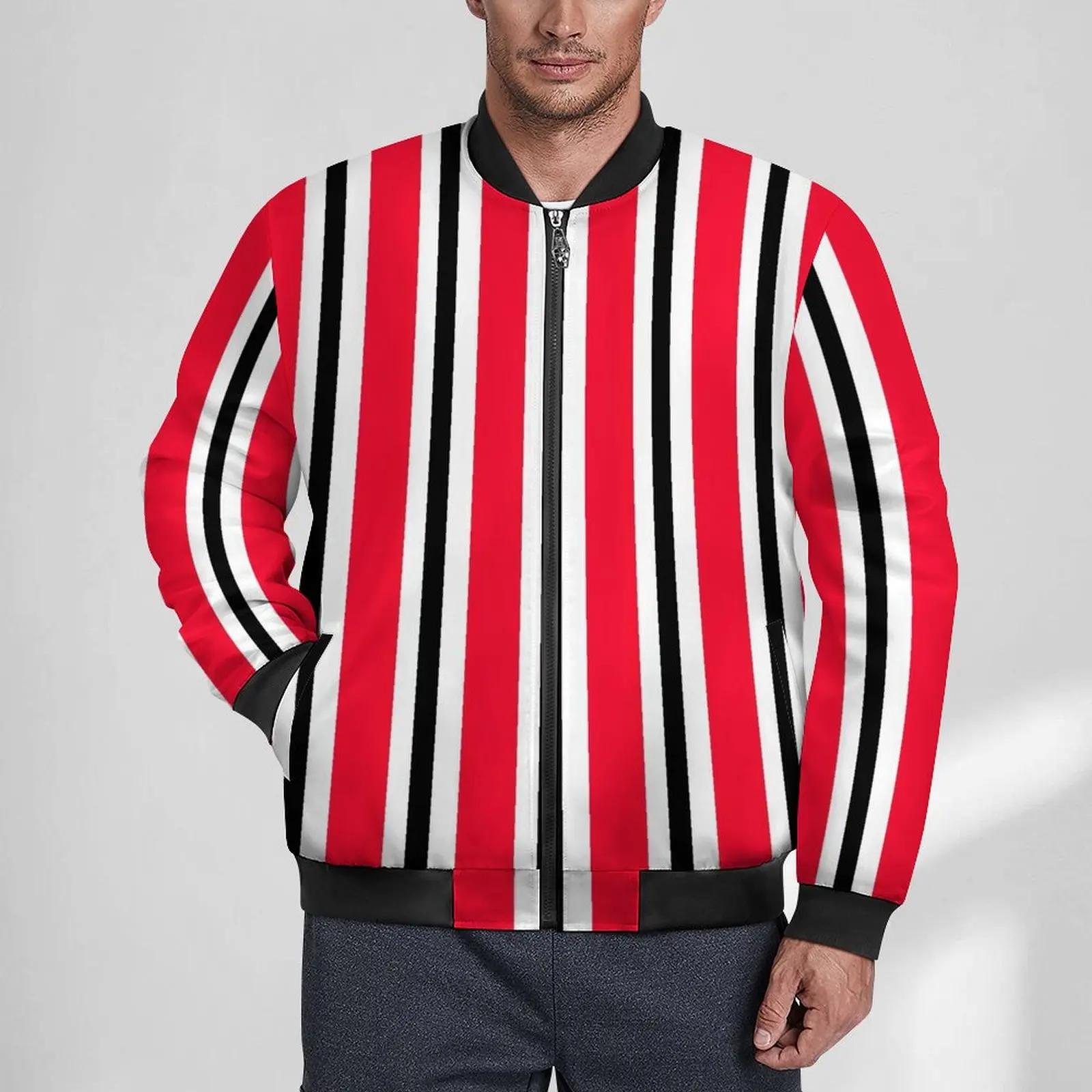 Abstract Striped Casual Jackets Red White Black Lines Waterproof Windbreakers Male Coats Autumn Retro Loose Jacket Plus Size