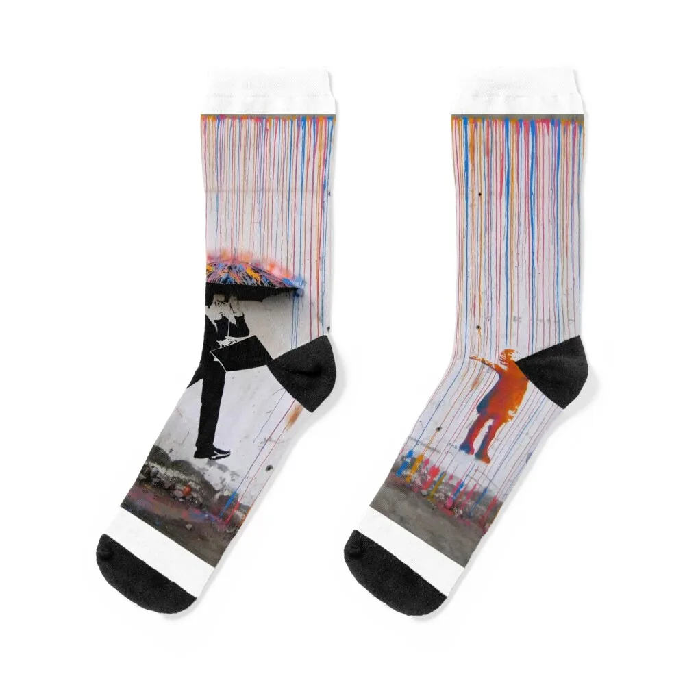 

Banksy Umbrella Rainbow Happy Girl Socks man japanese fashion Christmas Socks For Girls Men's