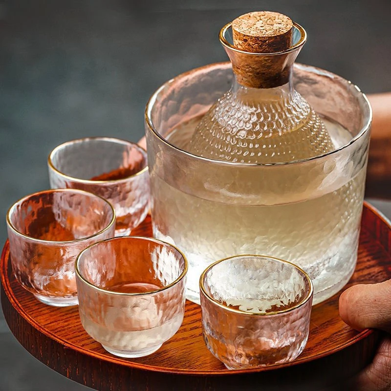 Japanese Style Sake Warmer Set Glass Sake Carafe Pot Vintage Wine Warming Set Hammered Glass for Home Bar Tea Table Drinkware